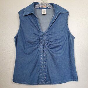 Denim Sleeveless Tank Top Front Tie Collar Faded Glory Women's Large